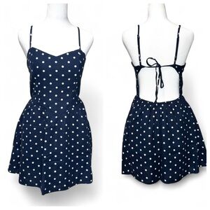 Hollister Flirty Polka Dot Open Back Blue Linen Mini Dress NWT S Coquette